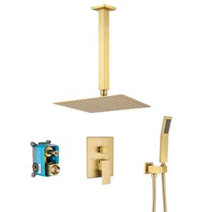 1-Spray Patterns 12 in. Ceiling Mount Dual Shower Heads with Hand Shower Faucet in Brushed Gold (Valve Included)