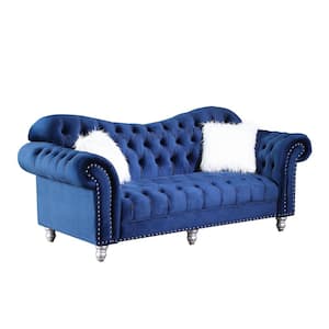 82 in. W Blue Classic America Chesterfield Tufted Camel Back Sofa