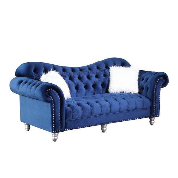 Morden Fort 82 in. W Blue Classic America Chesterfield Tufted Camel Back Sofa