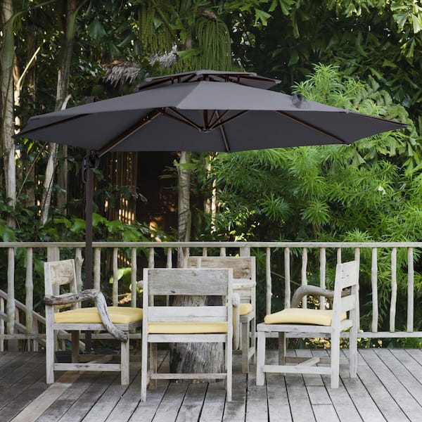 JEAREY 10 Ft. Round Cantilever Tilt Patio Umbrella With Crank In Gray ...