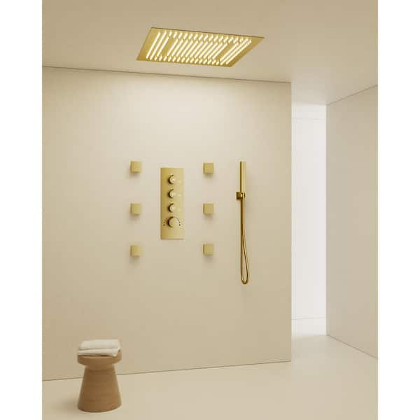 YAWWALK Thermostatic Valve 7-Spray 20 in. Ceiling Mount LED Mood Lighting Dual Shower Head and Handheld Shower in Brushed Gold