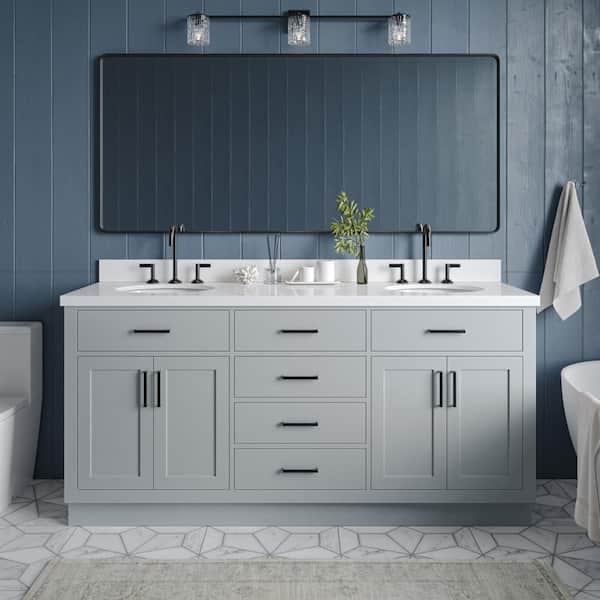 ARIEL Hepburn 73 in. W x 22 in. D x 36 in. H Bath Vanity in Grey with Pure Quartz Vanity Top with White Basins