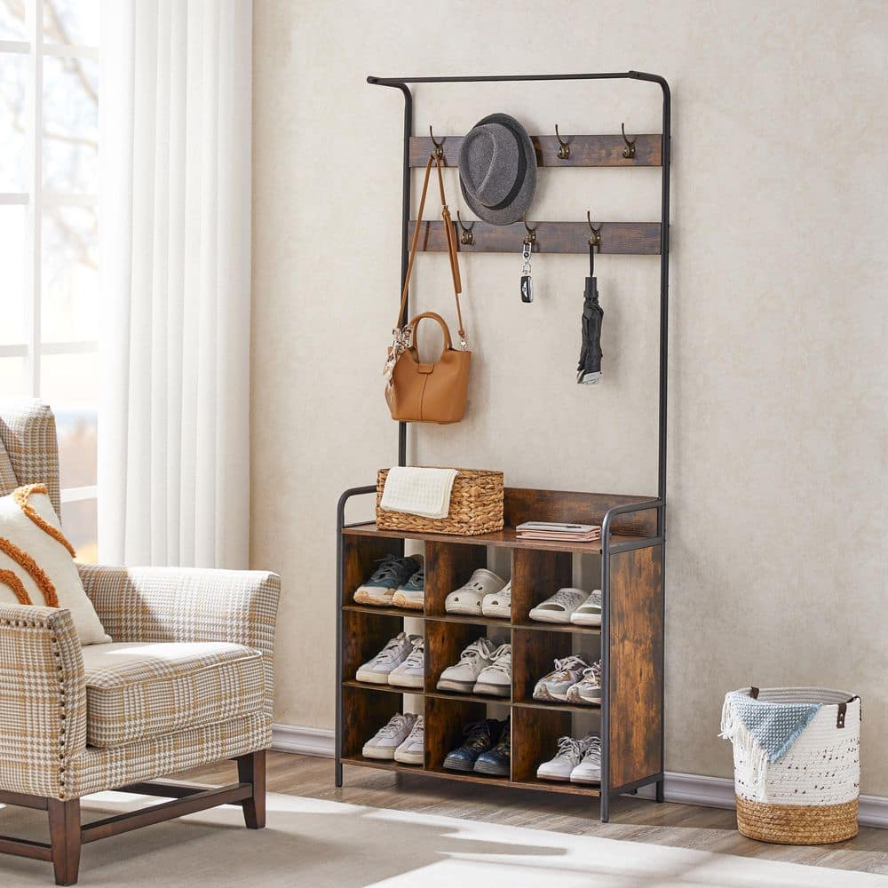 31 in. W x 11.5 in. D x 71 in. H Brown Wood Hall Tree with Coat Rack, Stora