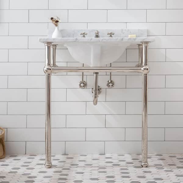 Embassy 30 in. Brass Wash Stand with Satin Brass P-Trap Kit, Marble Counter Top, and White Basin