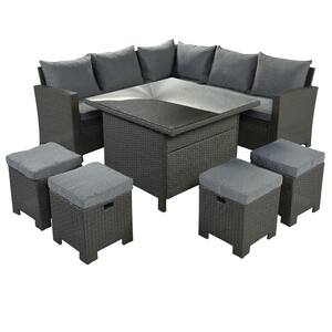 8-Piece Patio Outdoor Wicker Conversation Set Sectional Seating Sofa Dining Set with Table, Chairs, Stool, Gray Cushion