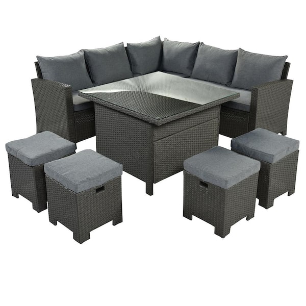 URTR 8-Piece Patio Outdoor Wicker Conversation Set Sectional Seating Sofa Dining Set with Table, Chairs, Stool, Gray Cushion