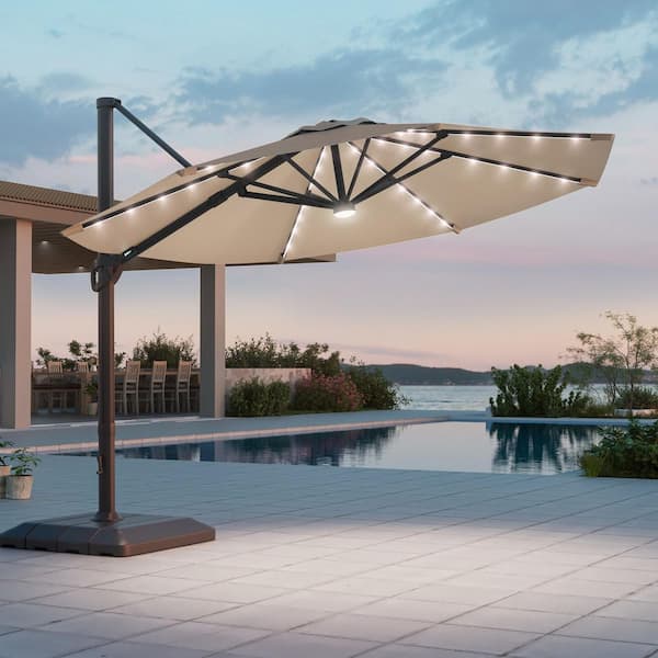 11 ft. Aluminum Cantilever Patio Umbrella with a Base, Outdoor Offset Hanging Rotation with Solar LED Lights in Sand