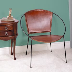 Milo Medium Brown Leather and Metal Bucket Accent Chair