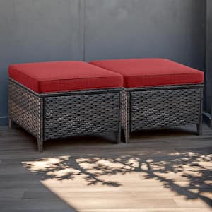 Brown Wicker Outdoor Ottoman with Red Cushions (2-Pack)