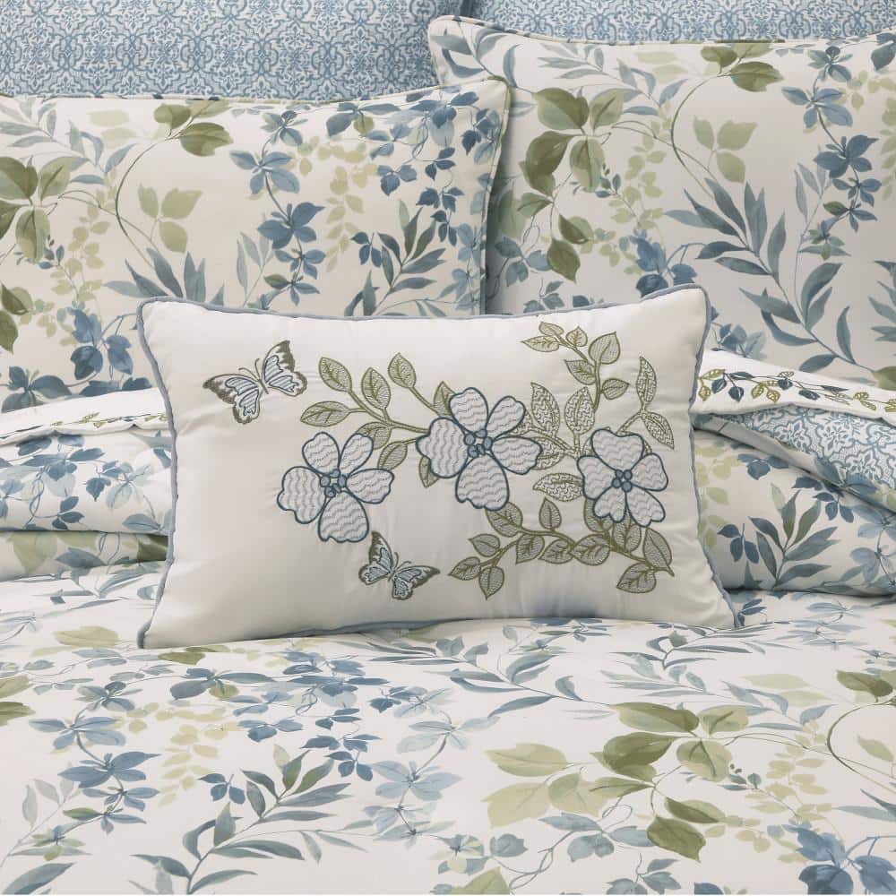 Elwood White and Blue Embroidered Rectangular Throw Pillow