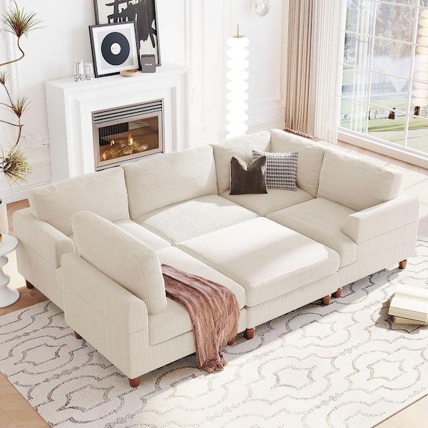 97.2 in. Square Arm Polyester Sectional Sofa with Ottoman L Shaped Corner Sectional in Beige