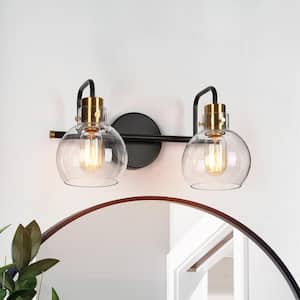 14.5 in. 2-Light Modern Black DIY Bathroom Vanity Light, Brass Globe Clear Glass Bath Light, Industrial Wall Sconce