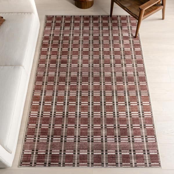 Sacha Plaid Spill Proof Washable Rust 9 ft. x 12 ft. Indoor Area Rug