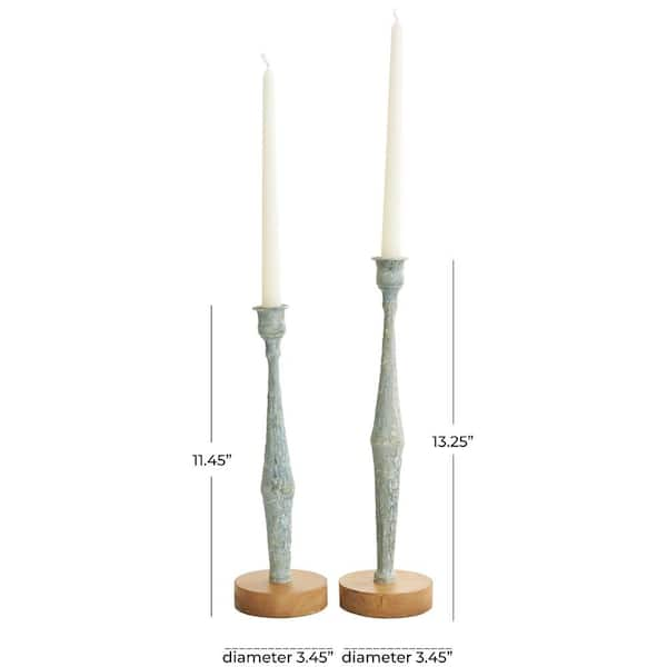 Litton Lane Light Blue Metal Textured Tapered Candle Holder with Brown Wood  Bases (Set of 2) 044955 - The Home Depot