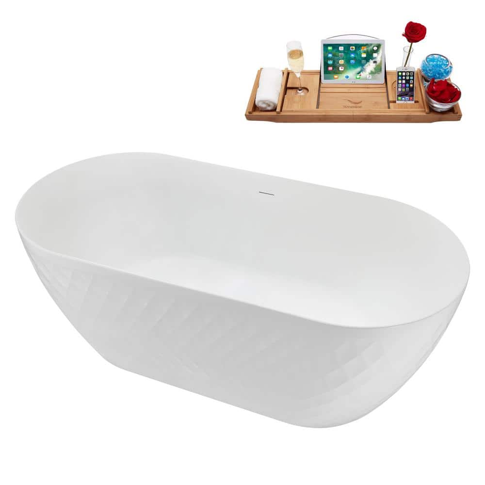 59" Glossy White Acrylic Freestanding Soaking Tub with Tray