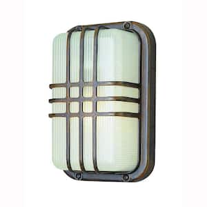 Walker 10 in. 1-Light Rust Rectangular Bulkhead Outdoor Wall Light Fixture with Ribbed Acrylic