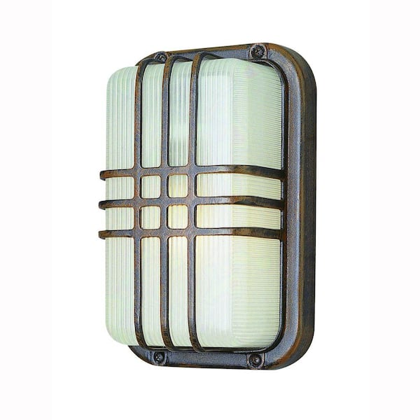 Bel Air Lighting Walker 10 in. 1-Light Rust Rectangular Bulkhead Outdoor Wall Light Fixture with Ribbed Acrylic