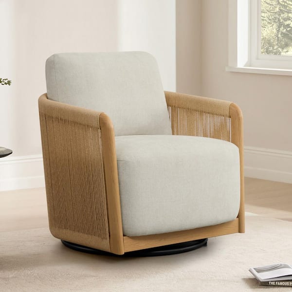 Lara Linen Natural Wood-Like Finish Fabric 360° Swivel Chair with Paper Cord Armrests, Mid-Century Modern Design