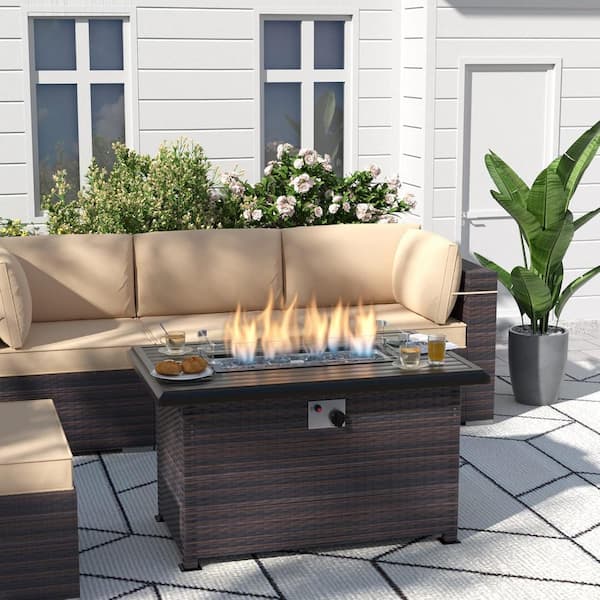 Halmuz Wicker Outdoor Fire Pit Table with Adjustable Flame, glass wind guard and cover