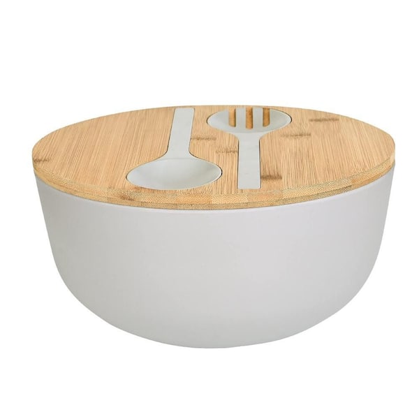 9.8 in. Bamboo Fiber Salad Bowl with Servers, Lid, Spoon and Fork for Fruits, Salads and Vegetables, Gray