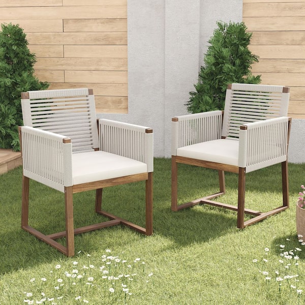 White Acacia Wood Outdoor Dining Chairs with Rope Design Back and Arms and Washable Cushion(Set of 2)
