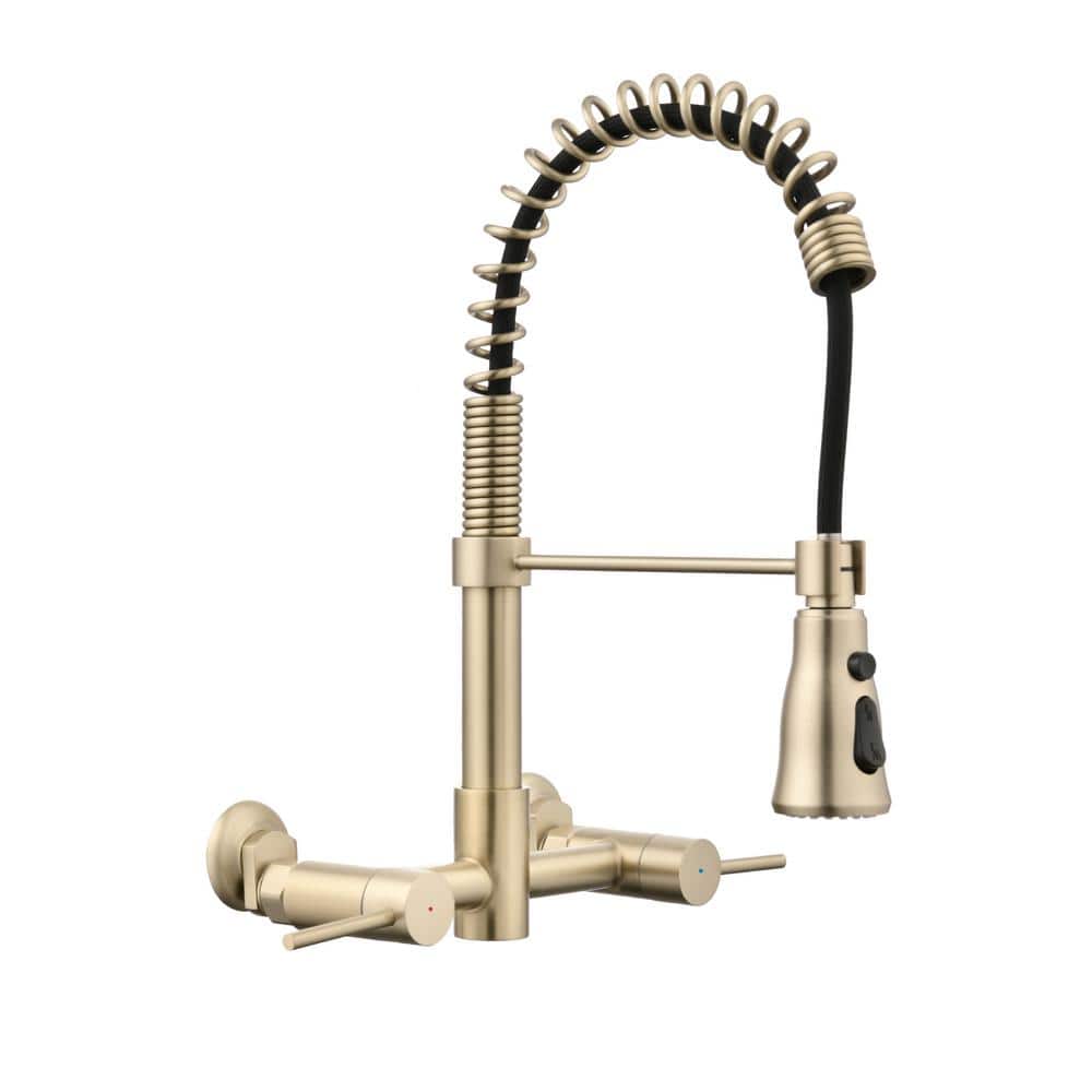 Lukvuzo Double Handle Wall Mounted Bridge Kitchen Faucet with PullDown