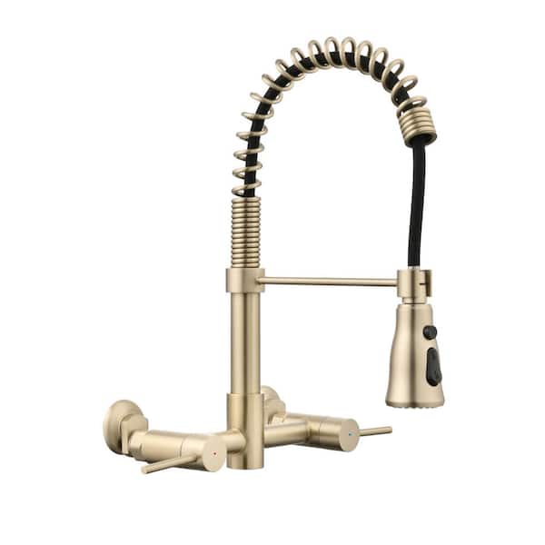 Lukvuzo Double Handle Wall Mounted Bridge Kitchen Faucet with Pull-Down Sprayer Kitchen Faucet in Brushed Gold