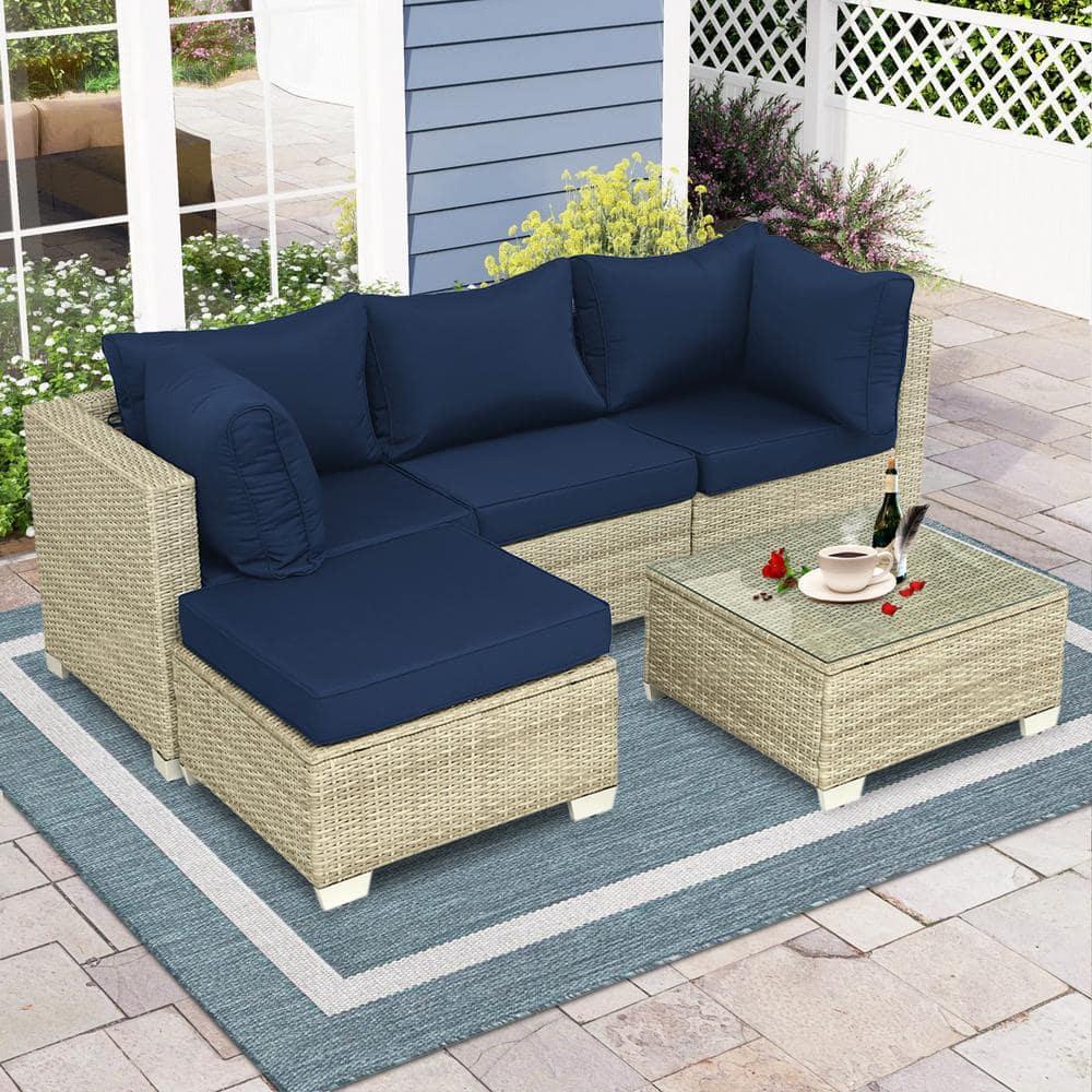 5-Piece Gray Wicker Outdoor Sectional Set with Table and Dark Blue Cushions