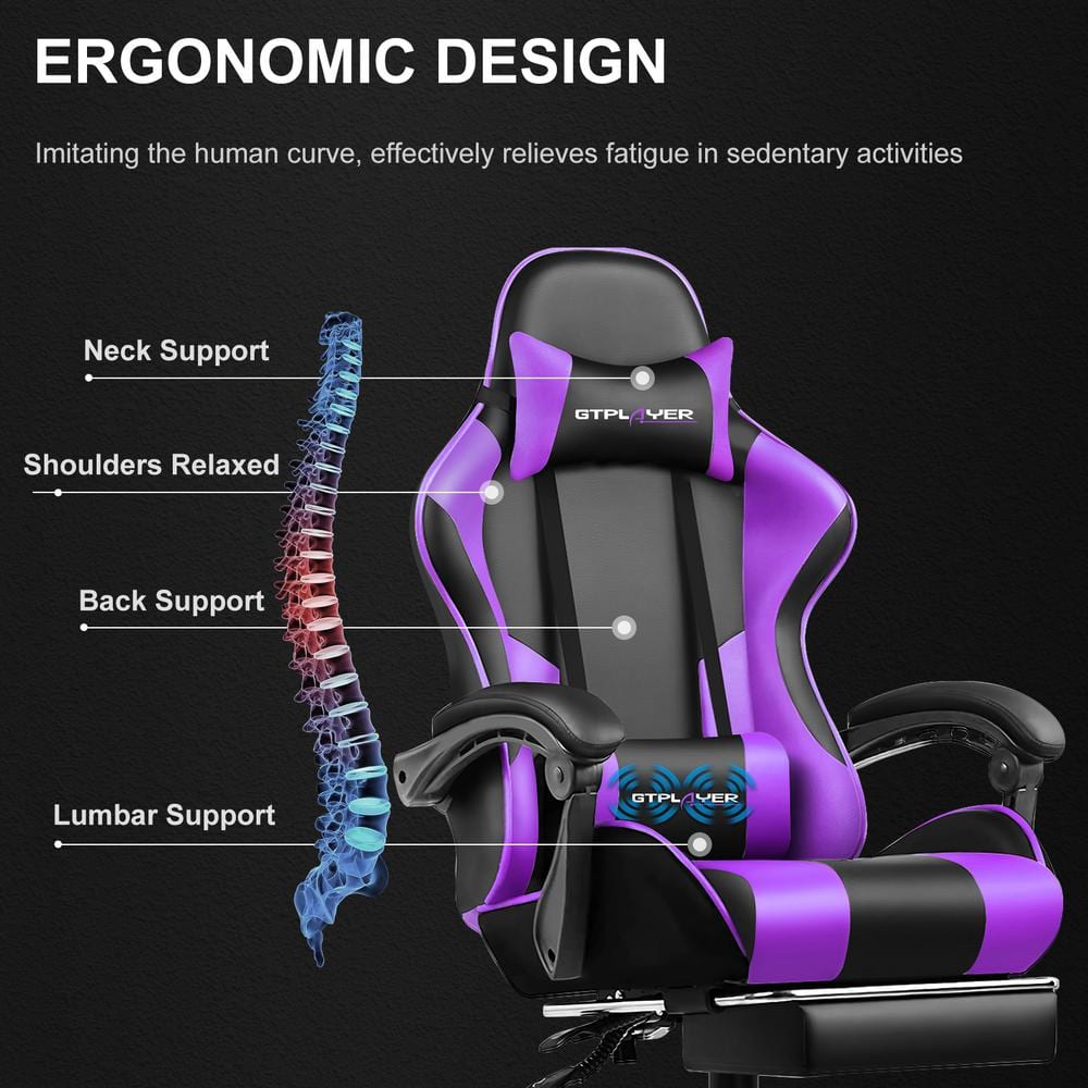 Ergonomic Black and Purple Faux Leather Gaming Chair with Footrest