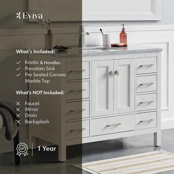 Eviva Hampton 36 x 18 White Transitional Bathroom Vanity with White Carrara Top