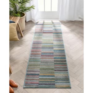 Tulsa2 Nampa Green Blue 2 ft. 3 in. x 7 ft. 3 in. Tribal Stripes Geometric Pattern Distressed Area Rug