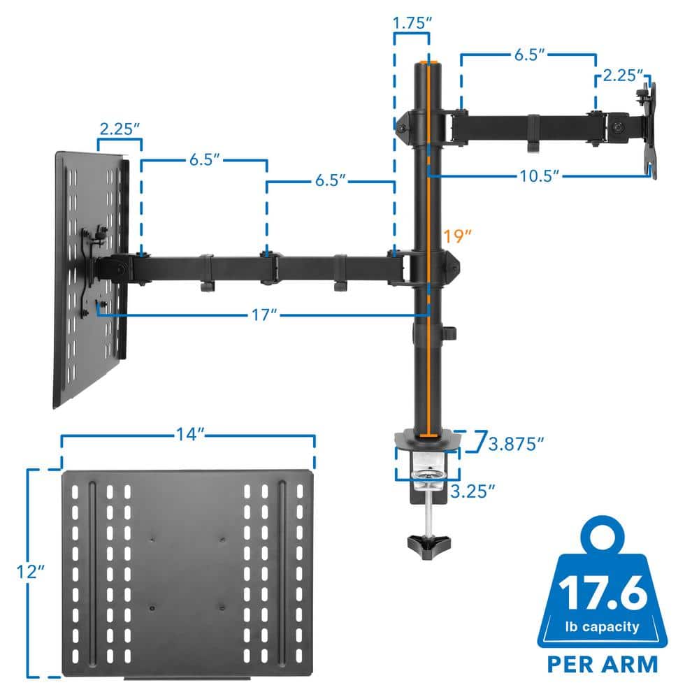 Adjustable Black Dual Laptop and Monitor Desk Mount with Ventilated Tray