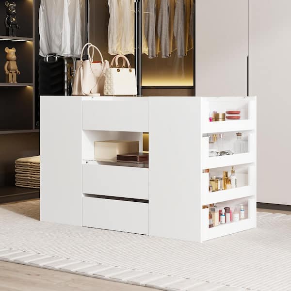 White Wood Island Armoire 47.2 in. W Jewelry Armoire with Glass Top, Multiple Storage Drawers, Double-Sided Glass Shelf