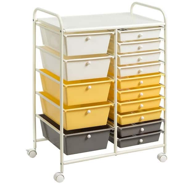 FORCLOVER 15-Drawer Steel 4-Wheeled Utility Rolling Cart Storage Organizer in Yellow