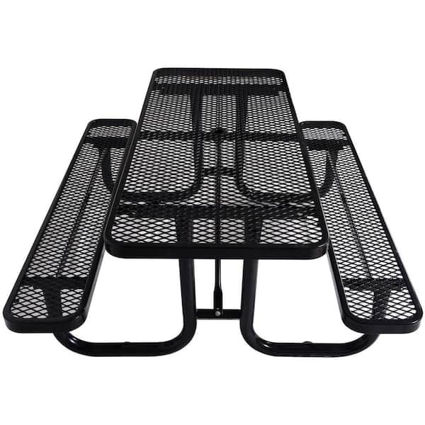 Unbranded 72.5 in. Black Rectangle Steel Outdoor Picnic Tables and Benches Set with Umbrella Hole