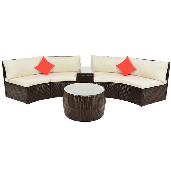 waelph Brown 4-Piece Wicker Patio Conversation Set with Beige Cushions