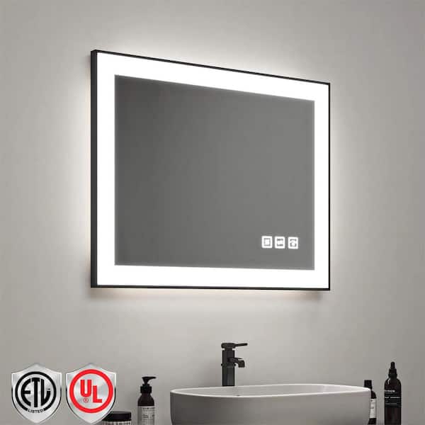 32 in. H x 24 in. W Rectangular Framed LED Anti-Fog Wall Mirror in Black with Backlit and Front Light