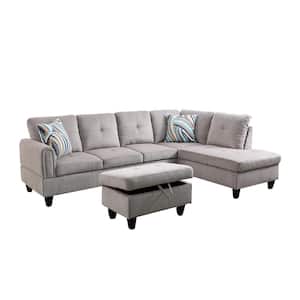 25 in. Round Arm 3-Piece Microfiber L-Shaped Sectional Sofa in Light Gray