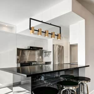 Integrated LED 5-Light Brass-Plated Linear Chandelier Modern Black Kitchen Island Pendant Light Farmhouse Light Fixture