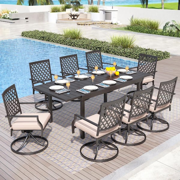 PHI VILLA 9-Piece Metal Patio Outdoor Dining Set with Extensible Table and Swivel Chairs with Beige Cushion