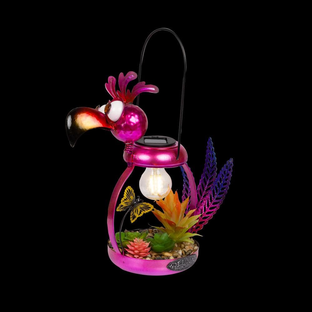 16" Solar Pink Flamingo Metal Garden Decor with LED Light