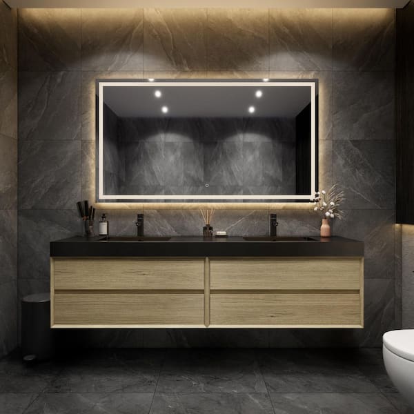 BV Better Vanity MIA 84 in. W x 20 in. D x 24 in. H Double Sink Floating Bath Vanity in Teak Oak with Black Stainless Steel Top