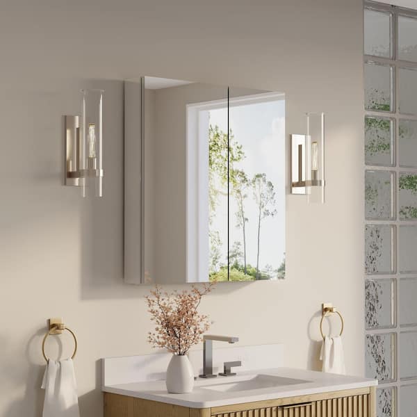 28 in. W x 30 in. H Rectangular Recess/Surface Mount Medicine Cabinet with Mirror, 2 Soft Close Door, Left or Right Open