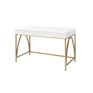 Lightmane 30 in. Rectangular White High Gloss and Gold Wood 2-Drawer Writing Desk with-Drawers