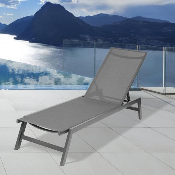 Afoxsos Outdoor Gray Chaise Lounge Chair, 5-Position Adjustable Aluminum Recliner, All-Weather For Patio, Beach, Yard, Pool