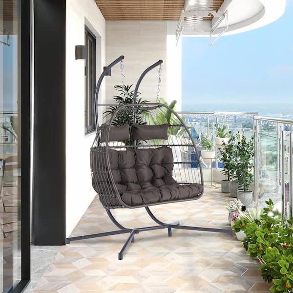 FORCLOVER 2-Person Luxury Aluminum and Wicker Patio Swing Hanging Egg Chair with Dark Gray Cushion