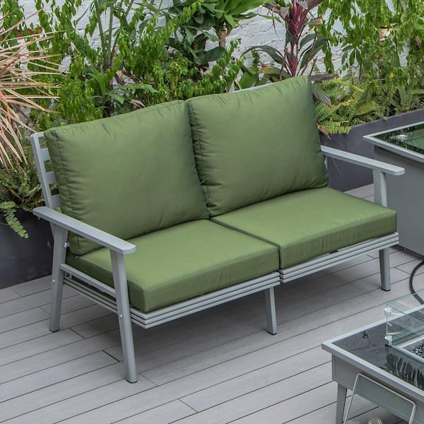 Leisuremod Walbrooke Modern Patio Loveseat with Grey Aluminum Frame and Green Removable Cushions