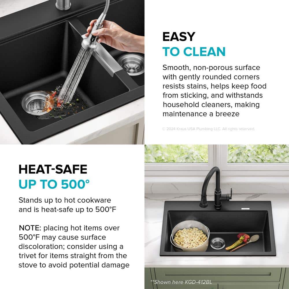 33-Inch Black Granite Double Bowl Drop-In Kitchen Sink