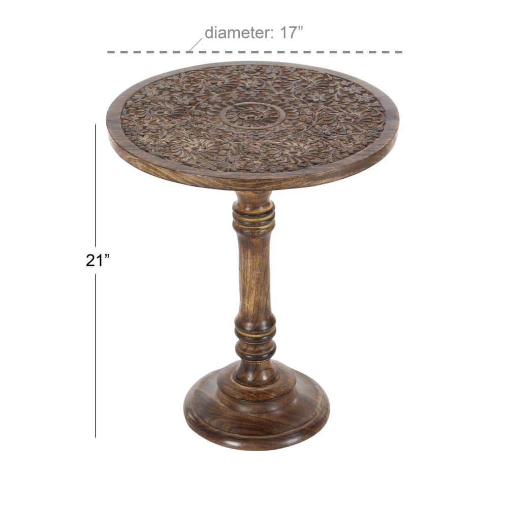 Majestic Floral Carved Dark Brown Mango Wood Round Accent Table