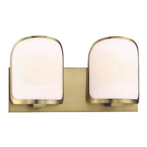 Bishop Crossing 15.5 in. 2-Light Soft Brass Vanity Light with Etched White Glass Shades